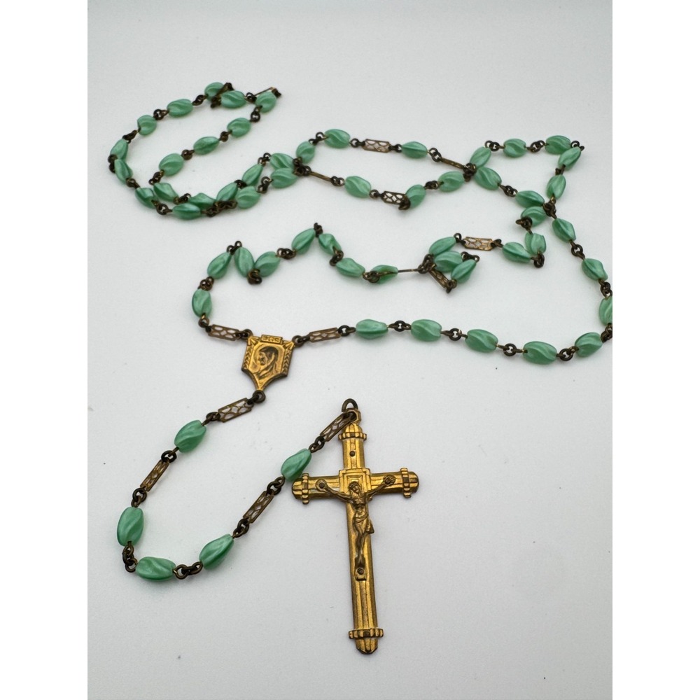 Vintage Beaded Rosary Catholic Brass Crucifix Italy Mary 1950s  Green Swirl READ